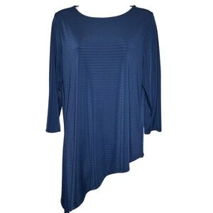 Chico's Navy Blue Striped Asymmetrical Tunic Liquid Knit Top Size 1 M Stretchy